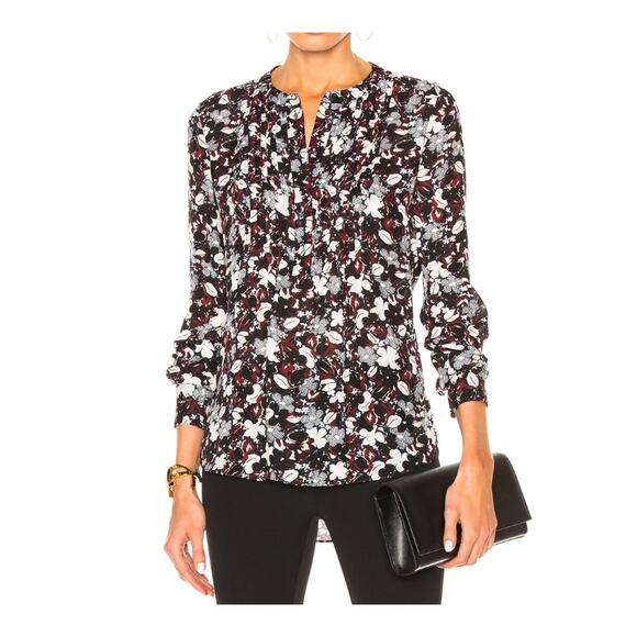 Veronica Beard Goldie Pintuck Silk Floral Blouse Sz 10 Black Red Quiet Luxury - Picture 1 of 15